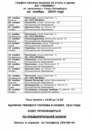   График приема заказов на уголь и дрова АО «ТИХВИН» от  населения  на  ноябрь 2024 года